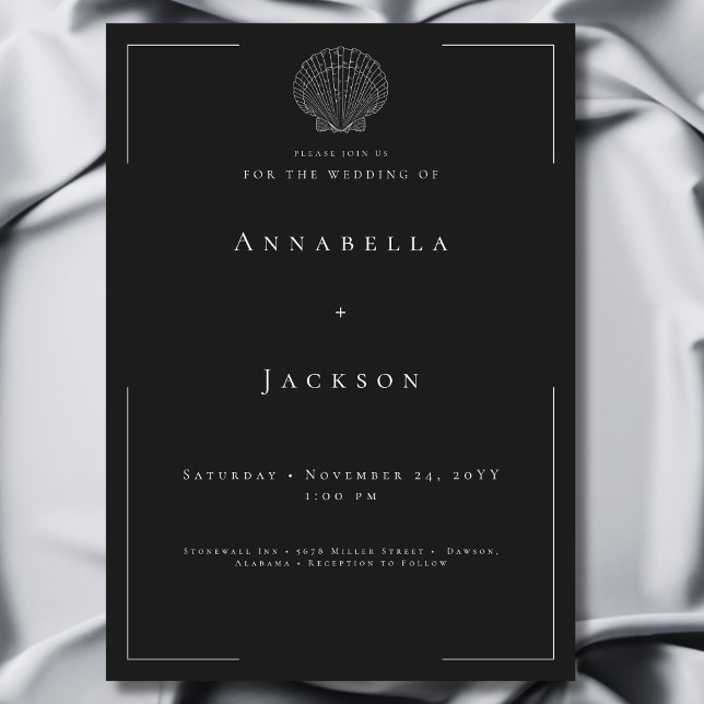 Minimalistisk typografi Svart & Vit Skalbröllop Inbjudningar (Minimal Typography Black & White Shell Wedding Invitation)