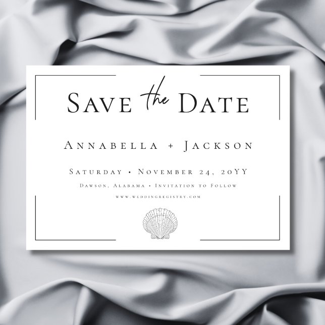 Minimalistisk typografi Svart & Vit Skalbröllop Spara Datumet (Minimal Typography Black & White Shell Wedding Save The Date)