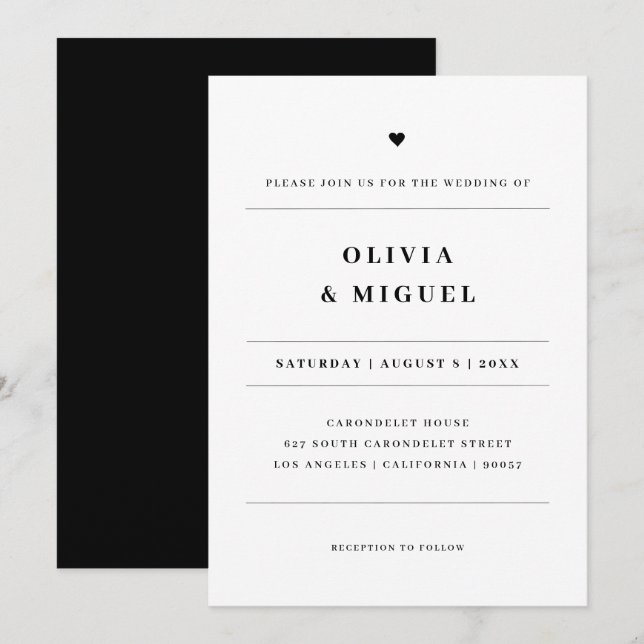 Minimalistisk typografi Svart Vitt Hjärta Bröllop Inbjudningar (Fram/baksida)