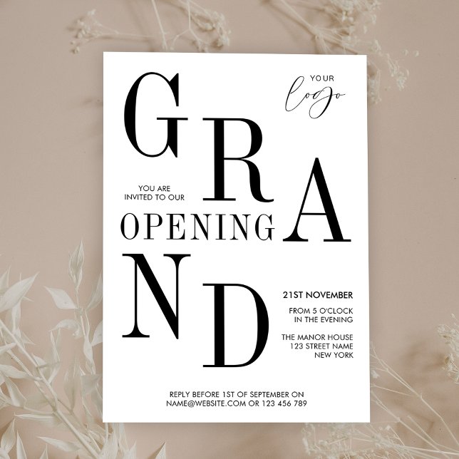 Minimalistisk Typography Business Grand Open Event Inbjudningar (Bold typography corporate business opening invitation in black and white)