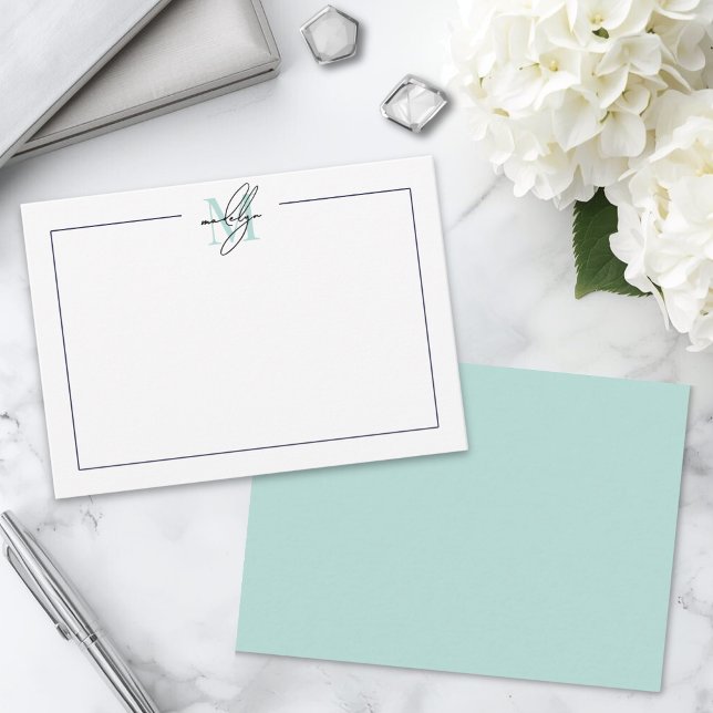 Minimalistisk Typsnitt Tealblå Namnmonogram Anteckningskort (Script Minimalist Teal Blue Name Monogram Note Card)