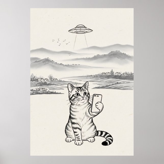 Minimalistisk UFO-Katt Svart och Vit Katt Poster (Framsidan)