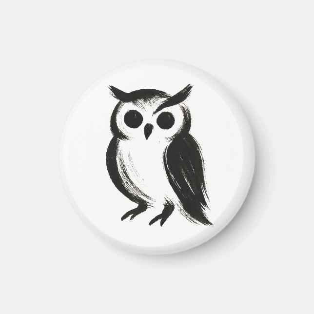 Minimalistisk Uggla – Bläckpensel Djurillustration Magnet (Framsidan)