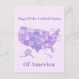 Minimalistisk USA-karta Rosa Lila Konst Vykort