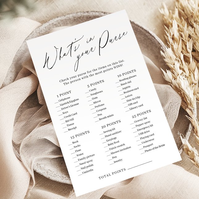 Minimalistisk vad har du i din handväska bröllopsd (Minimalist what's in your purse bridal shower game)