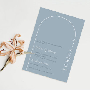 Minimalistisk valvformad dopkort blå dop inbjudningar