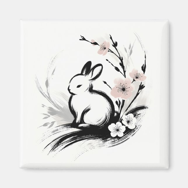 Minimalistisk vår Zen Kanin Körsbärsblom Magnet (Framsidan)