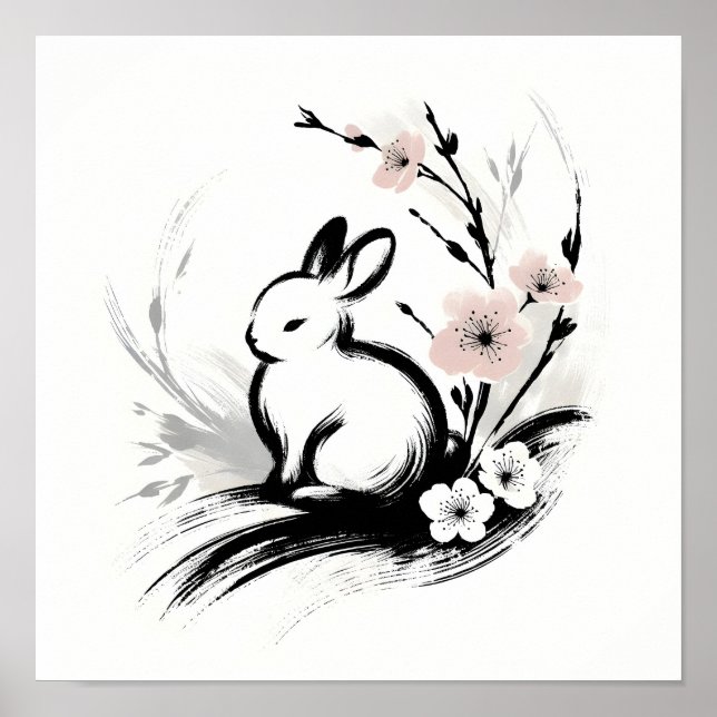Minimalistisk vår Zen Kanin Körsbärsblom Poster (Framsidan)