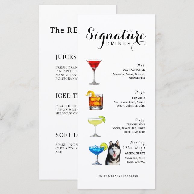 Minimalistisk Vattenfärg Cocktail Signaturdryck Meny (Fram/baksida)