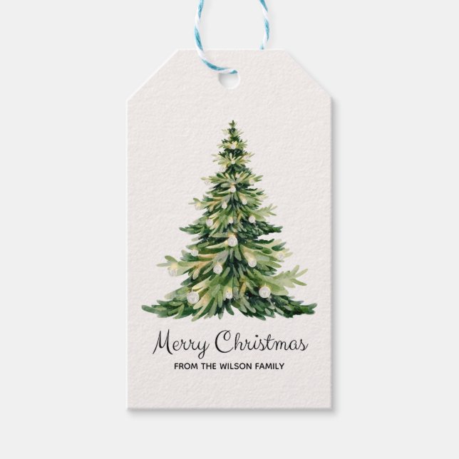 Minimalistisk vattenfärg God jul Träd Presentetikett (Framsidan)