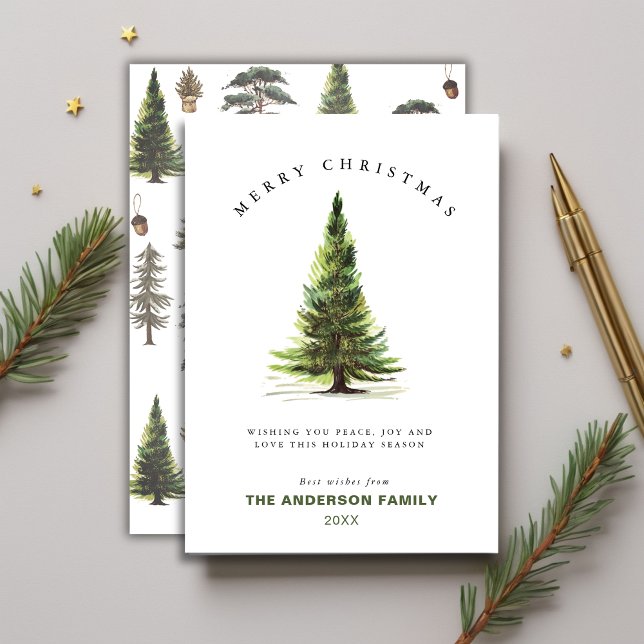 Minimalistisk vattenfärg Gräs Träd jul Hälsning Julkort (Minimalist Watercolor Pine Tree Christmas Greeting Holiday Card)