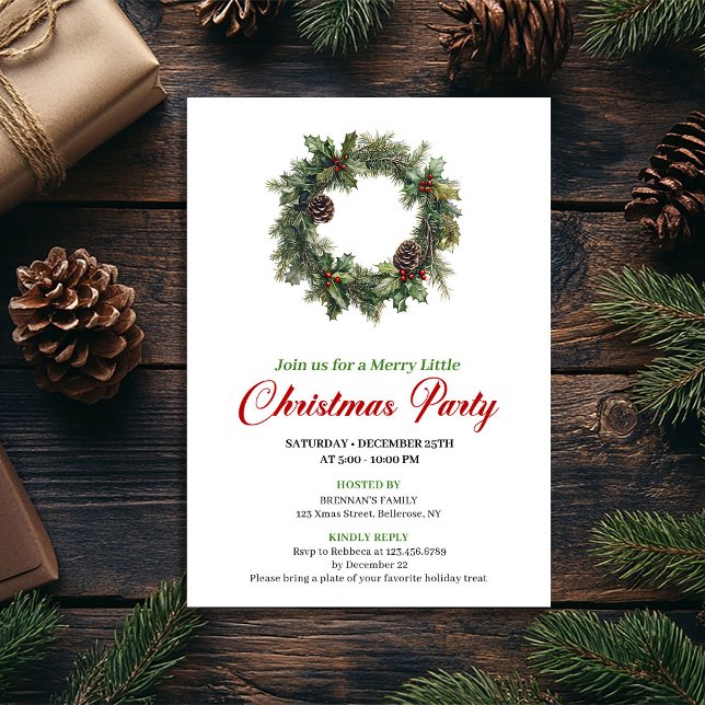 Minimalistisk Vattenfärg Julkransfest Inbjudningar (Minimalist Watercolor Christmas Wreath Party)