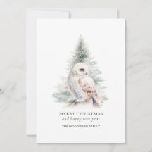 Minimalistisk Vattenfärg Snöig Uggla Skogs Jul