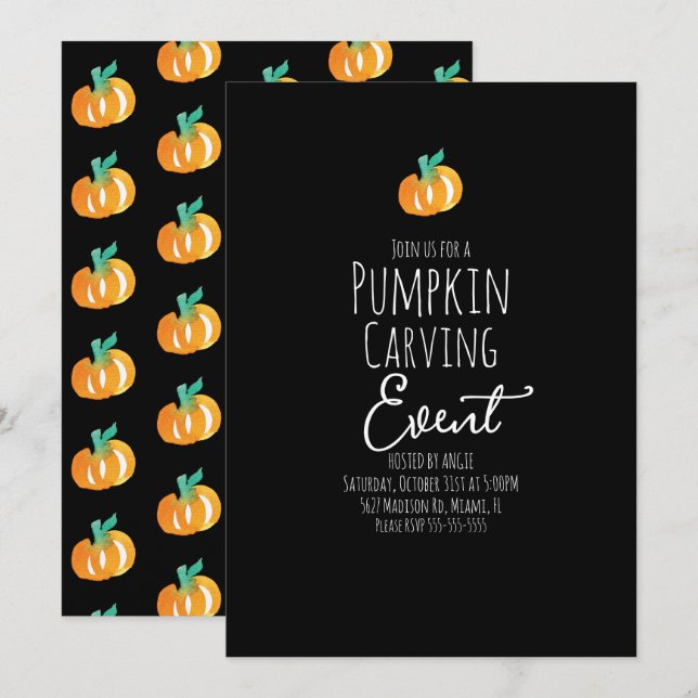 Minimalistisk vattenfärgepumpkin Carving Party-hän Inbjudningar (Fram/baksida)