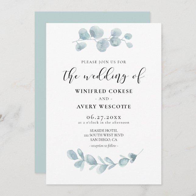 Minimalistisk vattenfärggrön bröllop inbjudningar (Fram/baksida)