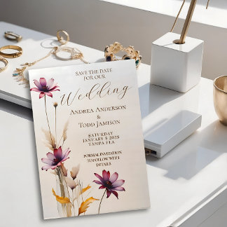 Minimalistisk vattenfärgsblomma lila bröllop spara datumet