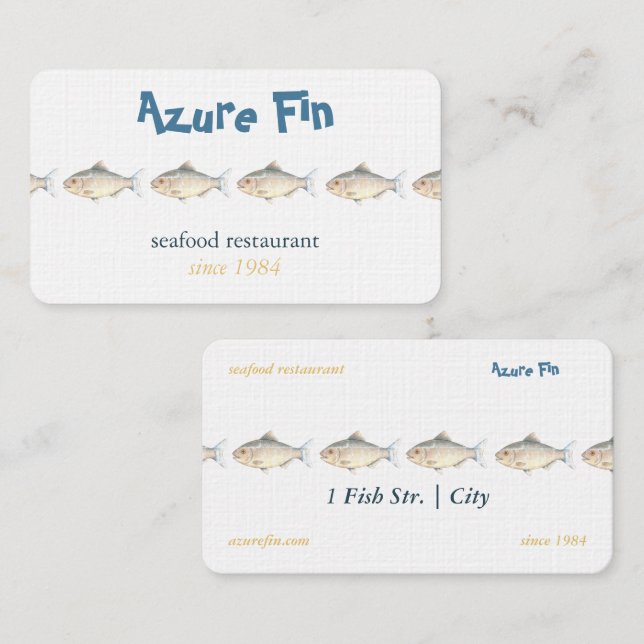 Minimalistisk vattenfärgsfisk, havs, restaurang visitkort (Fram/baksida)