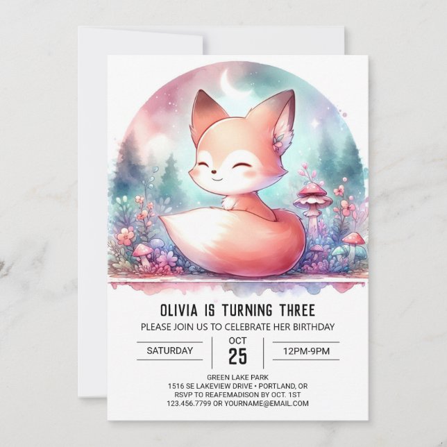 Minimalistisk vattenfärgsfox Birthday digital Inbjudningar (Framsida)