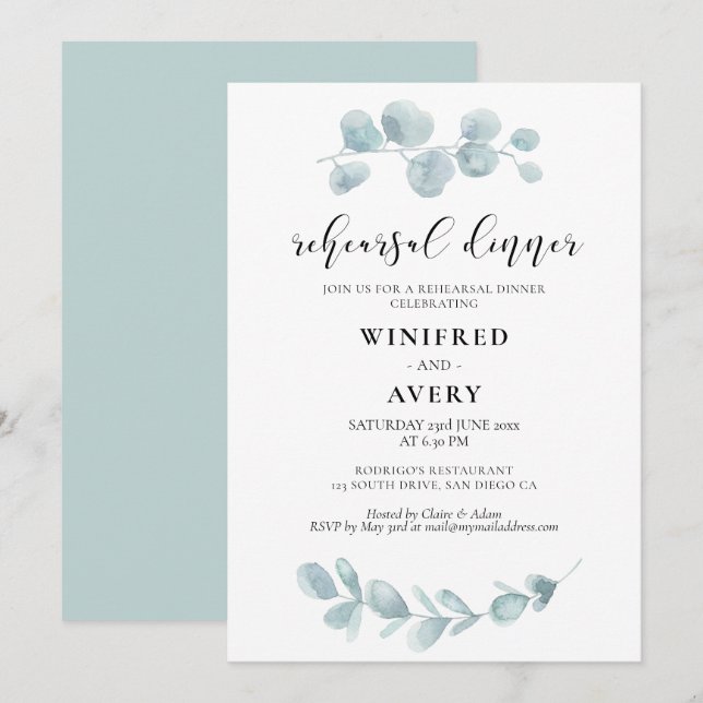 Minimalistisk vattenfärgsgrön repetitionsmiddag inbjudningar (Fram/baksida)