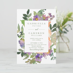 Minimalistisk vattenfärgsLila Chic Blommigt Bröllo Inbjudningar