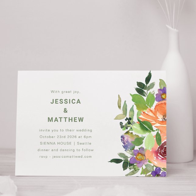 Minimalistisk vattenfärgsOrange Lila Blommigt Bröl Inbjudningar (Skapare uppladdad)