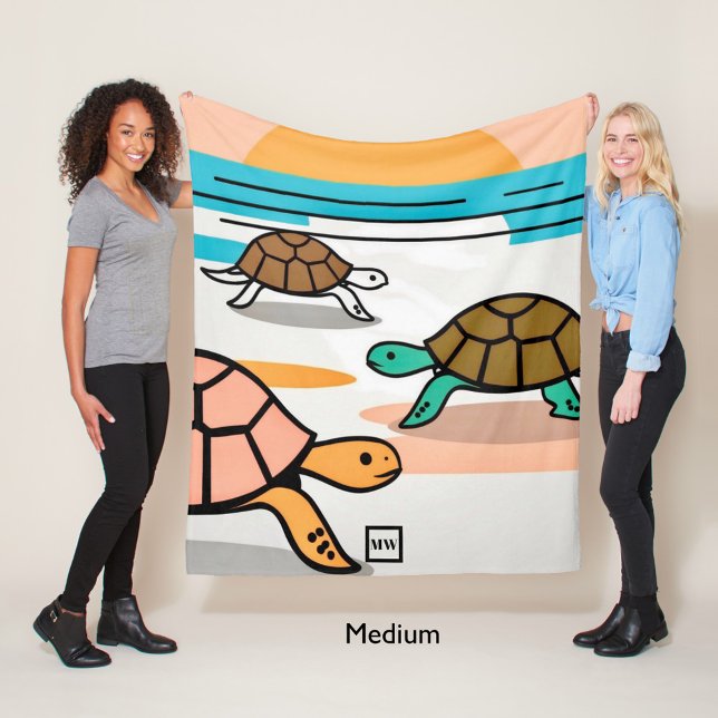Minimalistisk vektorsköldpadda på strandmonogram fleecefilt (Skapare uppladdad)