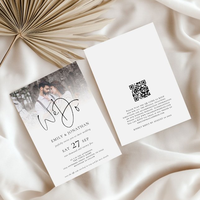 Minimalistisk vi gör QR-kodfoto Bröllop Inbjudningar (front and back view)