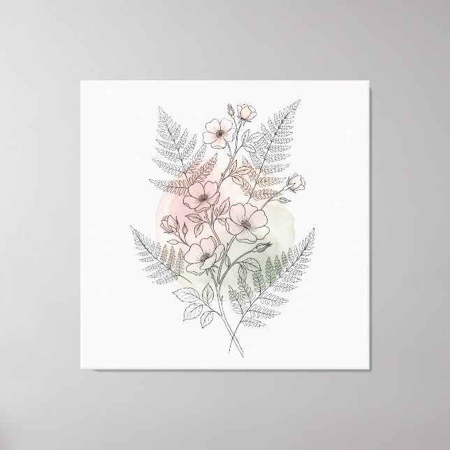 Minimalistisk Vildros Linje Konst Botanisk Rosafär Canvastryck (Framsida)
