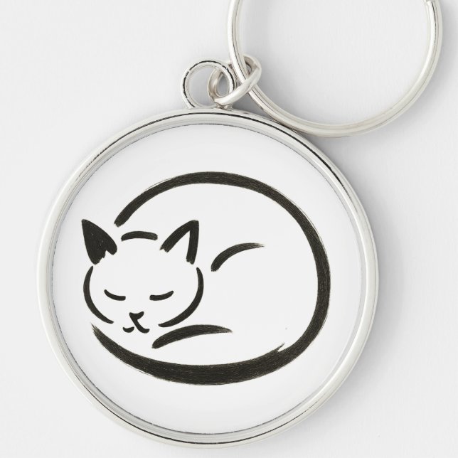 Minimalistisk vilokatt - Bläck-penseldesign på Rund Silverfärgad Nyckelring (Framsidan)