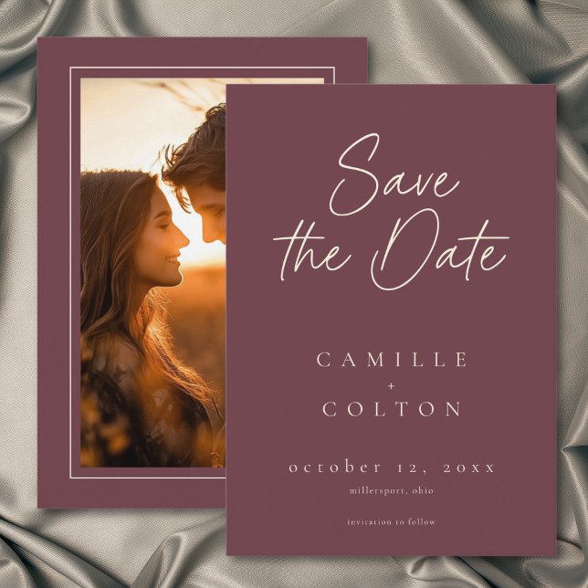 Minimalistisk vin burgunderröd bröllopsfotografi spara datumet (Wine Burgundy Minimalist Wedding Photo Save The Date)
