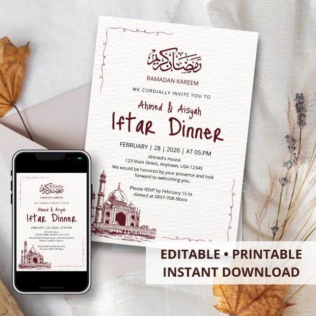 Minimalistisk vinröd skiss Moské Ramadan Iftar Inbjudningar (Skapare uppladdad)