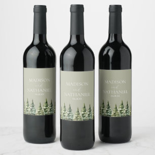 Minimalistisk vintersnö Gräs Träd-skogen Bröllop Vinflaska Etikett