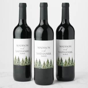 Minimalistisk vintersnö Gräs Träd-skogen Bröllop Vinflaska Etikett
