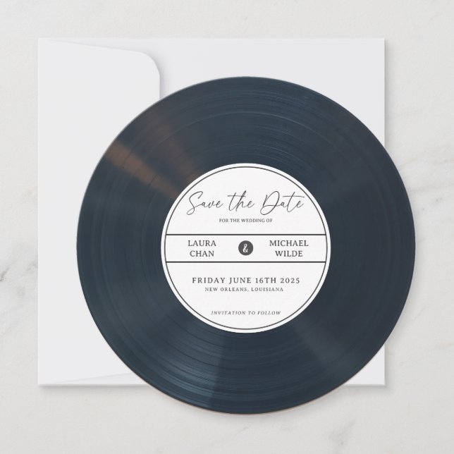 Minimalistisk vinylskiva Spara datum med foto  Inbjudningar (Framsida)