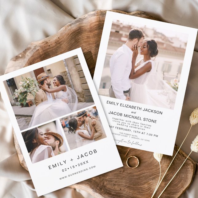Minimalistisk vit Bröllop-Elegant, fyra foto Inbjudningar (Skapare uppladdad)