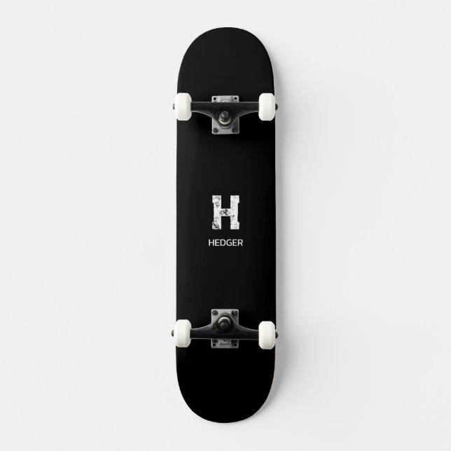 MINIMALISTISK VIT ENBOKSTAVS-MONOGRAM NAMN SVART MINI SKATEBOARD BRÄDA 18,5 CM (Framsida)