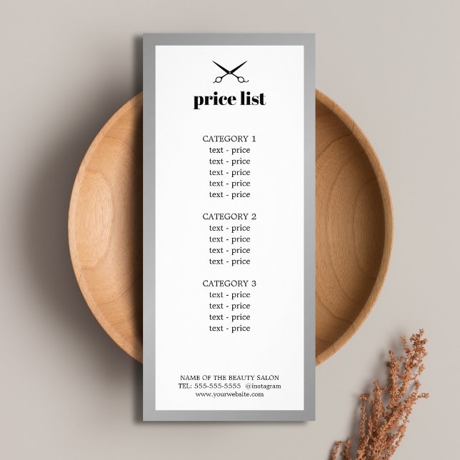 Minimalistisk vit falsk silver skönhetsprislista reklamkort (Skapare uppladdad)