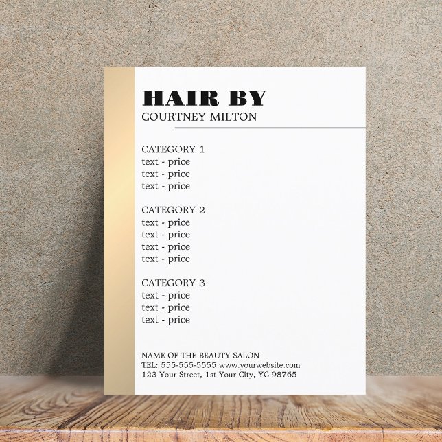 Minimalistisk vit Faux Guld Line Hairstylist Menu Flygblad (Skapare uppladdad)