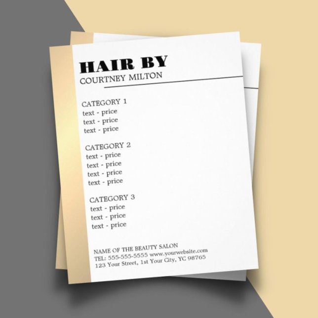 Minimalistisk vit Faux Guld Line Hairstylist Menu Flygblad (Skapare uppladdad)