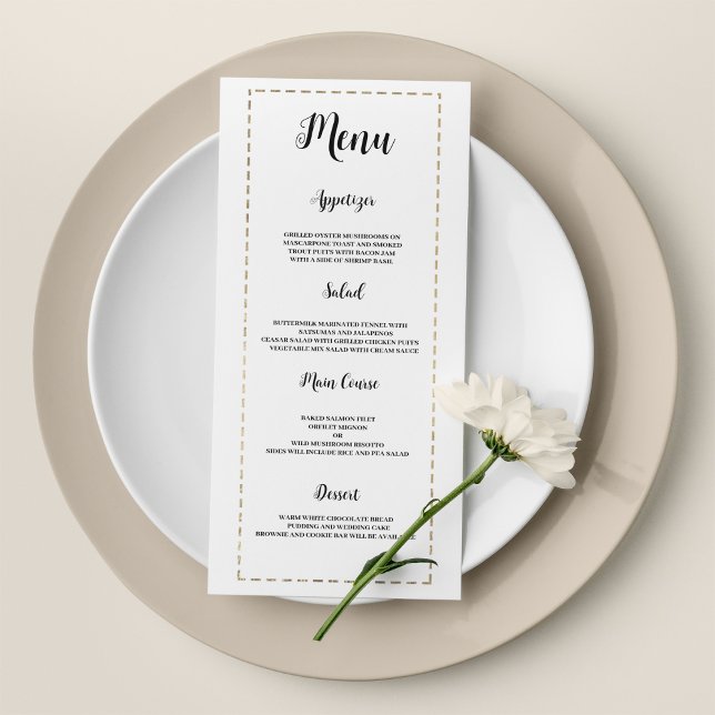 Minimalistisk vit guld-kalligrafi Bröllop Menu Program (Minimalist white gold calligraphy Wedding Menu )