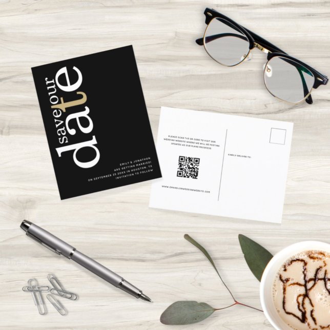 Minimalistisk vit guld svart QR-kod Spara datumet Vykort (Skapare uppladdad)