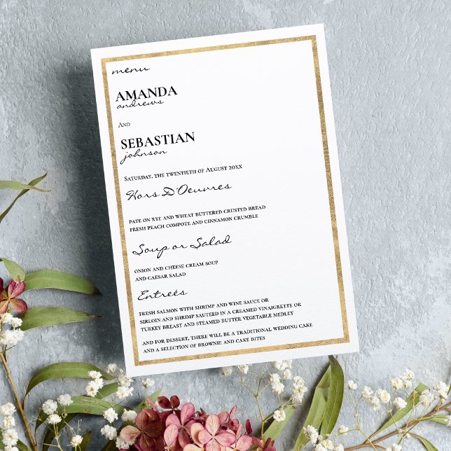 Minimalistisk vit guld-typografi elegant bröllop meny (Minimalist gold white typography elegant wedding menu)