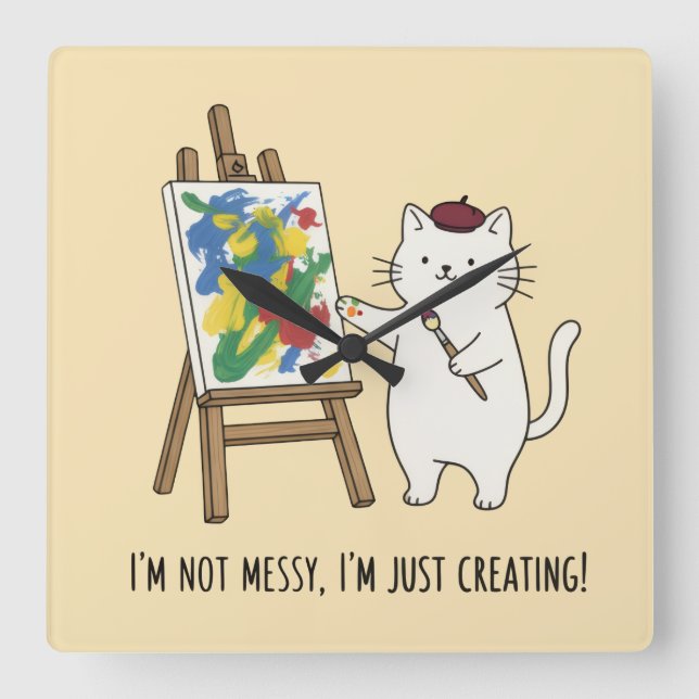 Minimalistisk vit katt Kreativ gul heminredning Fyrkantig Klocka (Framsida)
