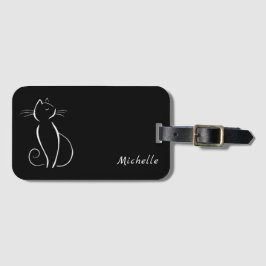 Minimalistisk vit katt på svart Lägg till Namn Bagagebricka