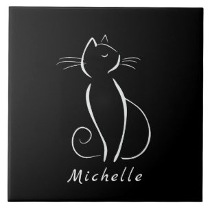 Minimalistisk vit katt på svart Lägg till Namn Kakelplatta