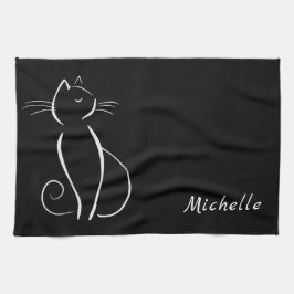 Minimalistisk vit katt på svart Lägg till Namn Kökshandduk