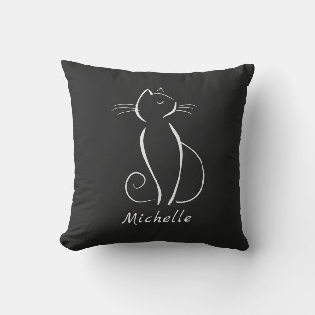 Minimalistisk vit katt på svart Lägg till Namn Kudde (Framsida)