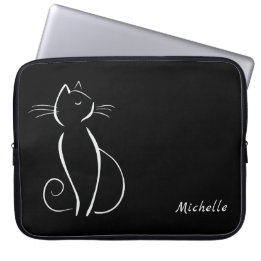 Minimalistisk vit katt på svart Lägg till Namn Laptop Fodral