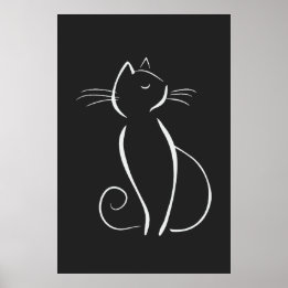 Minimalistisk vit katt på svart poster