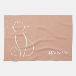 Minimalistisk vit katt vid Rosa, lägg till Namn Kökshandduk